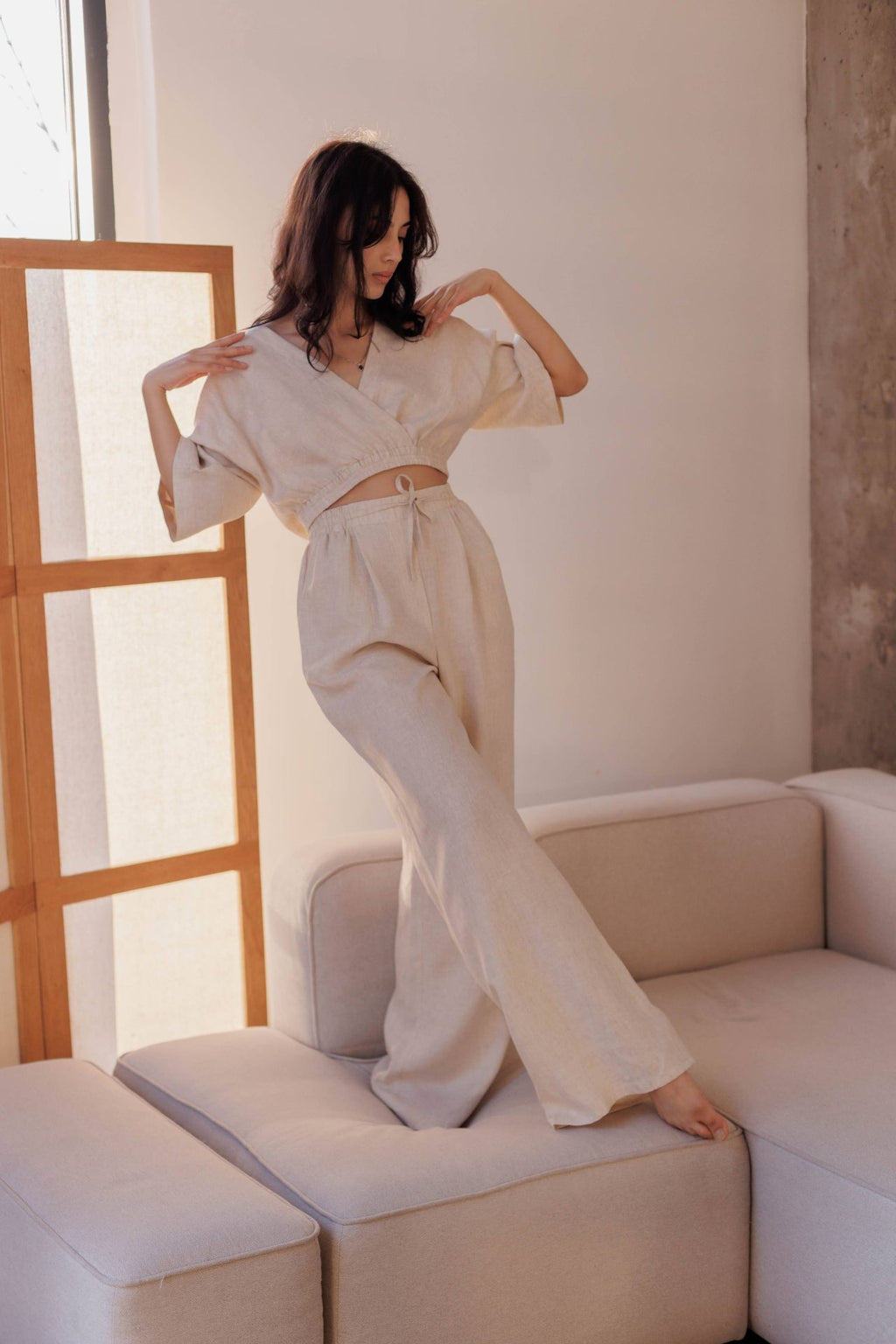 Штани з конопель, колір бежевий меланж від VIRA APPAREL