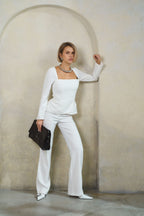 Елегантний костюм із поясом, молочний KA.EL