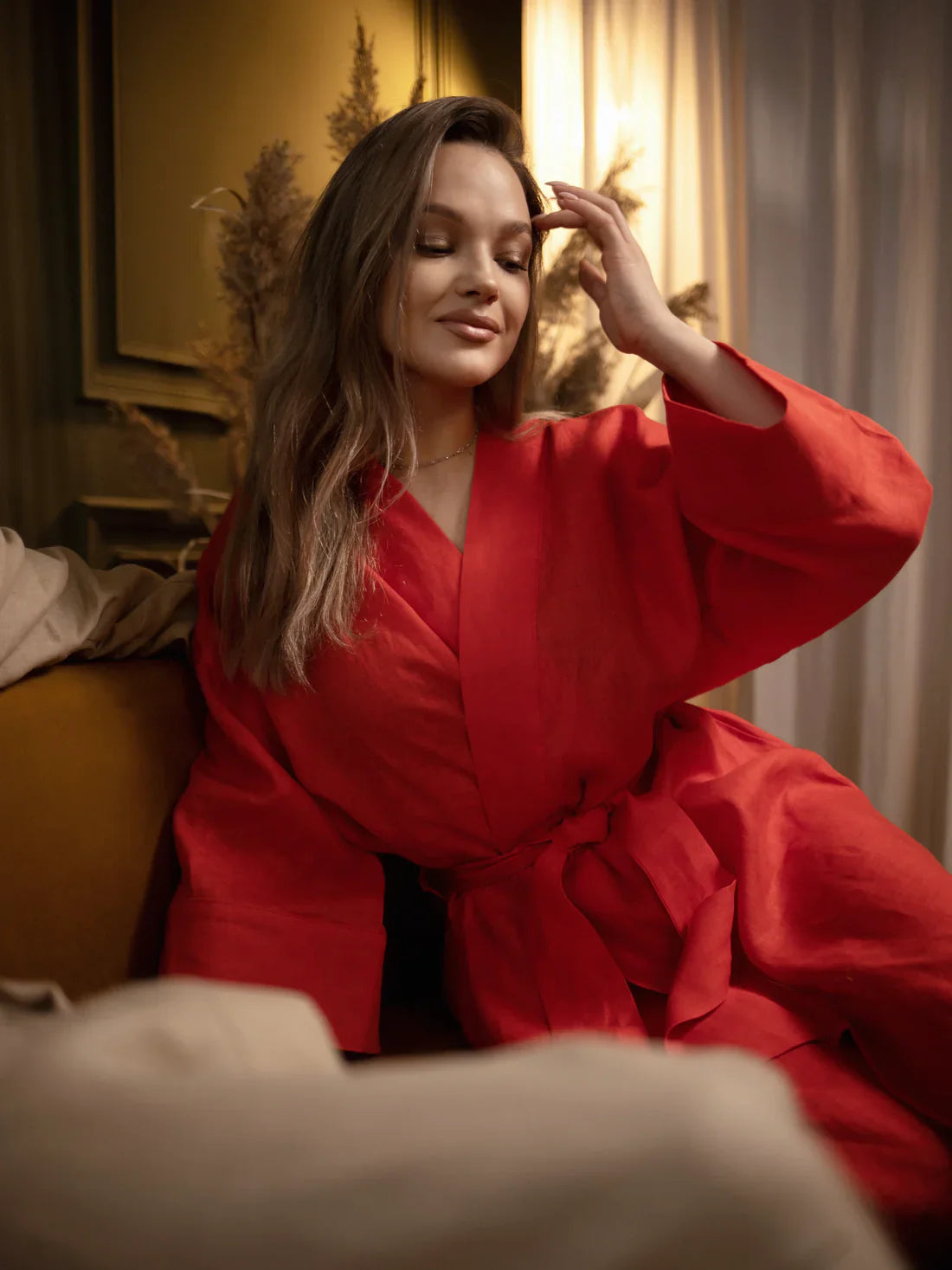 Халат жіночий червоний з льону довжиною максі «BAZHANA» від SAVE yourself