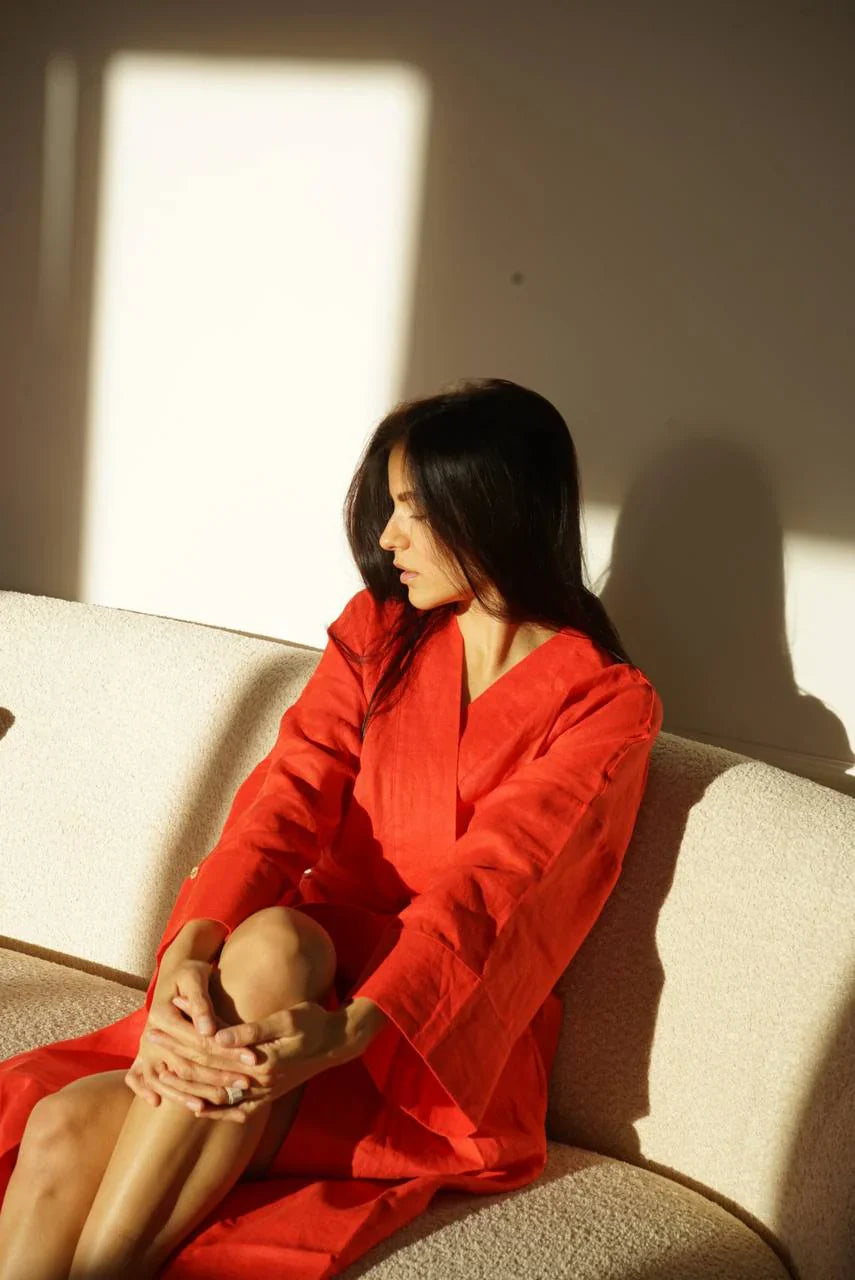 Халат жіночий червоний з льону довжиною максі «BAZHANA» від SAVE yourself