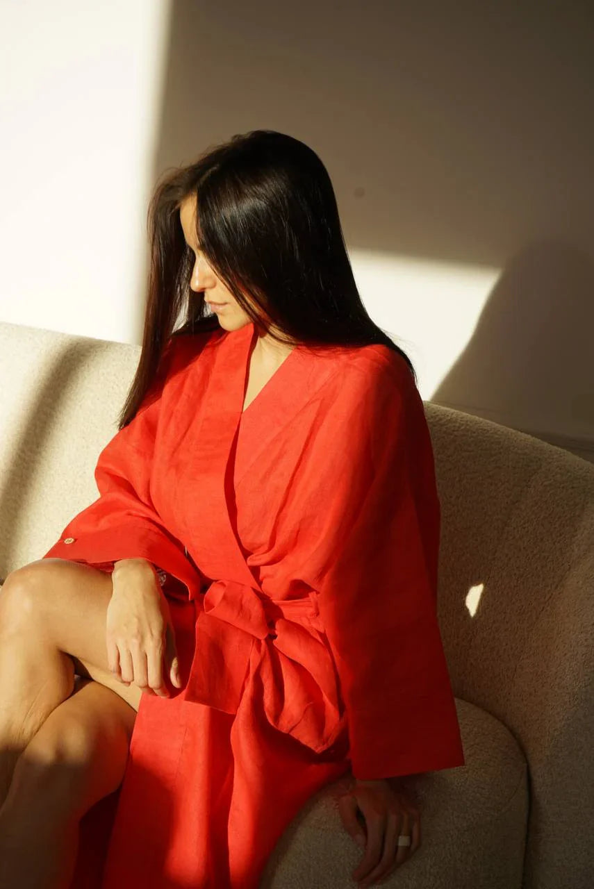 Халат жіночий червоний з льону довжиною максі «BAZHANA» від SAVE yourself